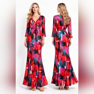 Lunnow Women's Faux Wrap Bodycon Elegan Casual Maxi Dress Size L.